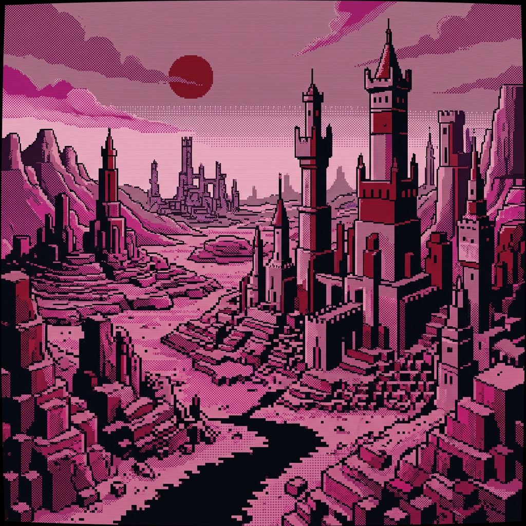 Pixel-art illustration of a ruined block city in dusty pink and dark red, a decorative backdrop